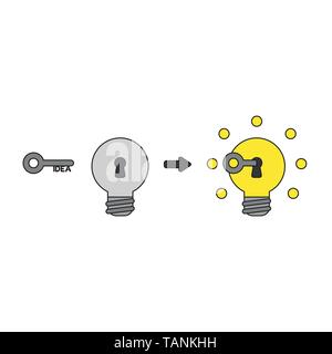 Icona vettore concetto di idea chiave nella lampadina keyhole e incandescente. Contorni neri e colorati. Illustrazione Vettoriale