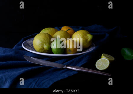Ancora in vita con freschi limoni giallo su una piastra. Foto scure Foto Stock