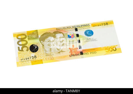 Philippine cinquecento pesos banconota su sfondo bianco Foto Stock