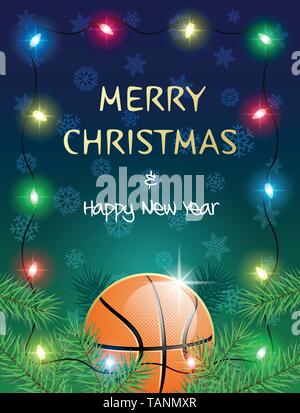 Buon Natale e Felice Anno Nuovo. Sport biglietto di auguri con basket ball e le luci di Natale. Illustrazione Vettoriale. Illustrazione Vettoriale