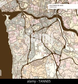 Mappa di Vila Nova de Gaia. Di colore marrone versione per applicazioni di stampa o sfondi web Illustrazione Vettoriale