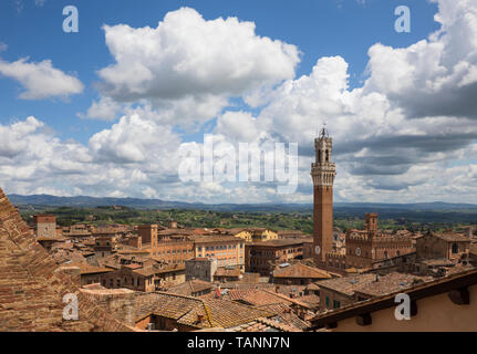 Vista del Pubblico Palazzo torre e tetti dal tetto del Duomo di Siena, Siena, in provincia di Siena, Toscana, Italia, Europa Foto Stock