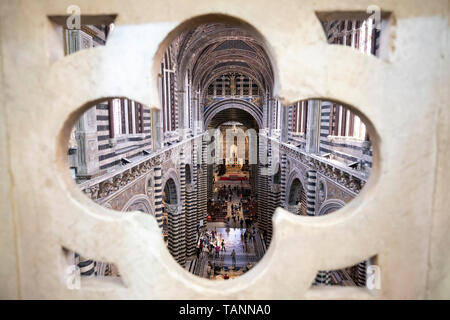 La navata centrale del Duomo di Siena visto attraverso la Porta del Cielo, Siena, in provincia di Siena, Toscana, Italia, Europa Foto Stock