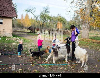 La mamma gioca con i suoi bambini e alimenta gli animali domestici nel cortile della fattoria Foto Stock