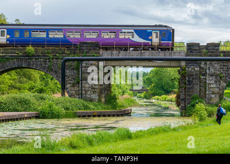 Il treno attraversa ponte sopra il Sankey canal in Sankey Valley Park. Foto Stock
