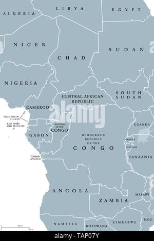 Africa centrale e regione mappa politico. Area con confini. Regione di nucleo del continente africano, chiamato anche in Africa centrale. Illustrazione di grigio. Foto Stock