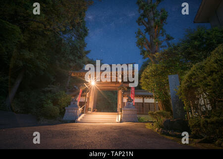 Tempio Myokenji di Inagi a Tokyo , Giappone notte scape del tempio porta d ingresso. Foto Stock