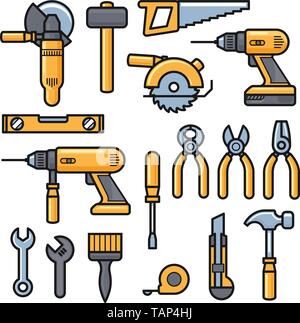 Costruzione e riparazione di strumenti le icone di strumenti di costruzione kit - Trapano martello, cacciavite, sega, file, coltello da stucco, righello, casco, rullo, pennello, cassetta portautensili Illustrazione Vettoriale