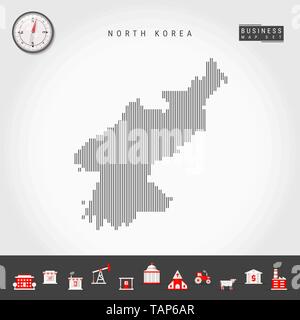 Vettore di linee verticali modello mappa della Corea del Nord. In striping semplice silhouette della Repubblica democratica popolare di Corea. Vettore realistico Bussola. Infografico Business icone. Illustrazione Vettoriale