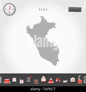 Vettore di linee verticali Modello Mappa del Perù. In striping semplice silhouette del Perù. Vettore realistico Bussola. Infografico Business icone. Illustrazione Vettoriale