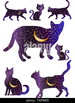 Il Cat-notte. Cat sagome dipinte con un cielo notturno con stelle e un giovane luna Illustrazione Vettoriale