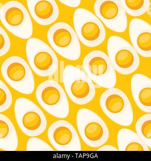 Mezza fetta tagliata di uovo sodo con tuorlo d'uovo senza cuciture piatte di pattern illustrazione vettoriale su sfondo giallo. Illustrazione Vettoriale