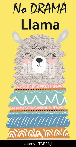 Disegnata a mano illustrazione vettoriale di un simpatico funny llama faccia stile Scandinavo design piatto. Iscrizione no drama - Lama Illustrazione Vettoriale