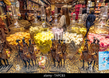Cioccolatini di lusso in una finestra di visualizzazione a La Belgique Gourmande Les Galeries Royales Saint-Hubert , un elegante smaltata shopping arcade a Bruxelles Foto Stock