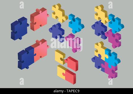 Isometrica, pezzi di un puzzle che fluttuano nell'aria. La cooperazione e il concetto di soluzione. Alcuni pezzi uniti e altri separati. Illustrazione Vettoriale. Illustrazione Vettoriale