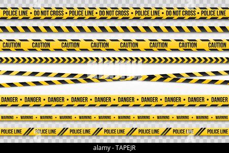 Linea di polizia non cross isolato su sfondo trasparente. Nastro di polizia set. Zona di restrizione o di criminalità. Nero e giallo listati sul retro bianco Illustrazione Vettoriale