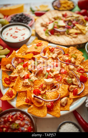 Una foto aerea di un assortimento di molti diversi piatti messicani, compresi i tacos, guacamole, nachos con pollo alla griglia, tortillas, salse e oth Foto Stock