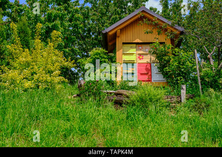 Apiario in legno e colorati di alveari in giardino, apicoltura, bee protezione e piante impollinatori concept Foto Stock