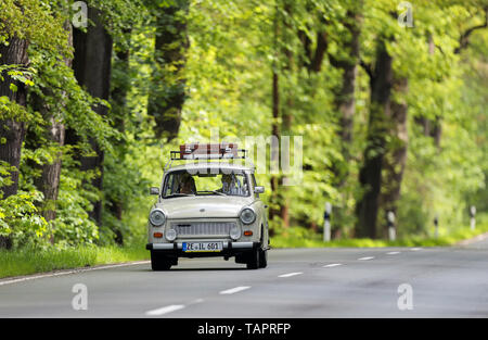 12 maggio 2019, Sassonia-Anhalt, Dessau-Roßlau: una Trabant 601 Universal Deluxe (Kombi) viaggia su una strada di campagna vicino a Dessau. Foto: Jan Woitas/dpa-Zentralbild/dpa Foto Stock