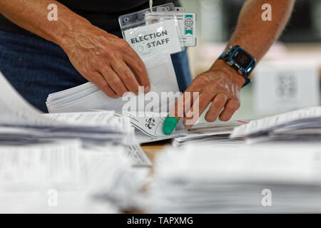 Haverfordwest, Regno Unito. 26 Maggio, 2019. Scrutini vengono conteggiati presso il Pembrokeshire archivi in Haverfordwest Credito: ATHENA AGENZIA IMMAGINE LTD/Alamy Live News Foto Stock