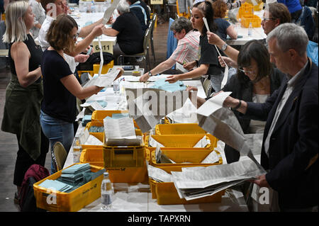 26 maggio 2019, Renania-Palatinato, Trier: Elezione assistenti aprire e controllare il voto postale i documenti per le elezioni europee che si terranno durante il processo di conteggio. Dal 23.05. al 26.Maggio i cittadini dei 28 Stati membri dell UE eleggere un nuovo parlamento. Foto: Harald Tittel/dpa Foto Stock