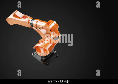 Industrial robot di saldatura in linea di produzione in fabbrica dal produttore - Robotica braccio di fabbricazione di macchinari. Vista superiore, su nero Foto Stock