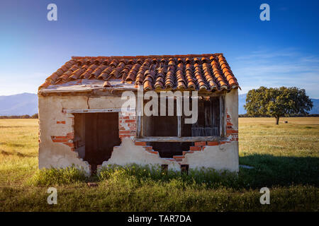 Piccola casa vecchia con il tetto crollò e un vetro rotto Foto Stock