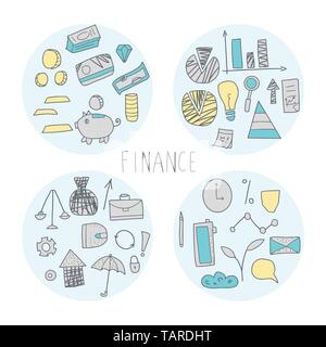 Set di badge rotondo con elementi delle finanze. Il concetto di business. Vettore Illustrazione a colori. Illustrazione Vettoriale