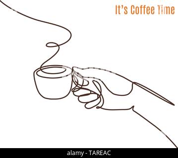 Caffè del vettore Illustrazione disegnata con una linea. Mano con una tazza di caffè. Illustrazione Vettoriale