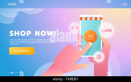 Mano Lo shopping online business concettuale stile piatto. Illustrazione Vettoriale. Per il flusso di lavoro del modello di impaginazione, banner, web design, infographics, timeline Illustrazione Vettoriale