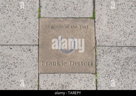 Leggende del manto erboso - Newmarket 'Walk of Fame' - Frankie Dettori commemorative lastra di pavimentazione in Newmarket High Street, England, Regno Unito Foto Stock