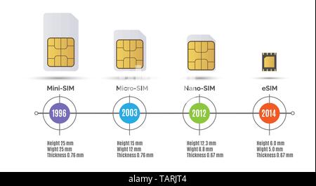 Scheda SIM velocità. Simcard mobili di ultima generazione velocità Internet timeline illustrazione vettoriale, da mini SIM per esim storage card grafico a linee Illustrazione Vettoriale
