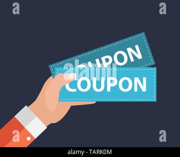 Mano con coupon cartacei Design piatto. Presente, dono, Сoupon concetto. Illustrazione vettoriale EPS10 Illustrazione Vettoriale