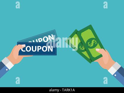 Mano con coupon cartacei Design piatto. Presente, dono, Сoupon concetto. Illustrazione vettoriale EPS10 Illustrazione Vettoriale