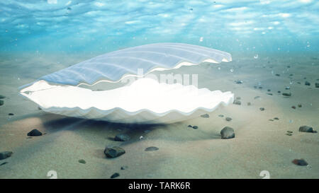 Madre di perle sott'acqua. Chiuso conchiglia di mare underwater auto-luminescente dall'interno. Ostriche e perle della subacquea fondale sabbioso. La luce del sole essere Foto Stock