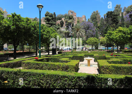La paesaggistica Jardines de Pedro Luis Alonso, con il Castillo de Gibralfaro oltre, nel centro di Malaga, Spagna Foto Stock