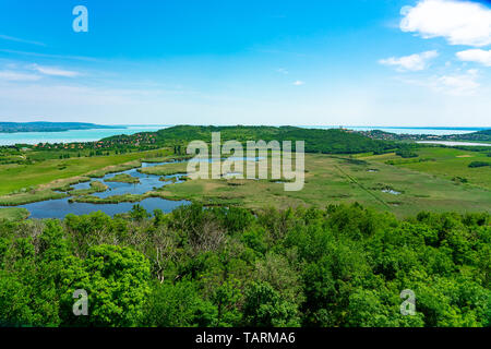 Arial vista panoramica del lago Balaton a Tihany con il lago interno dal 'Ortorony? Look out torre di osservazione Foto Stock