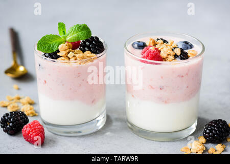 Mirtillo parfait di yogurt con muesli, bacche di vetro sul cemento grigio Sfondo. Concetto di perdita di peso, mangiare sano, sano cibo da dessert Foto Stock