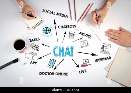 Chat, comunicazione digitale e Web sociale concetto di rete Foto Stock
