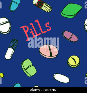 Pillole colorate intorno all iscrizione, disegnati a mano doodle sketch, illustrazione perfetta design pattern su sfondo blu scuro Foto Stock
