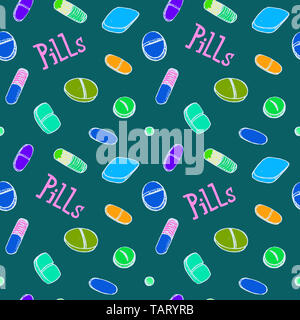 Pillole colorate intorno all iscrizione, disegnati a mano doodle sketch, illustrazione, seamless pattern design scuro su sfondo turchese Foto Stock