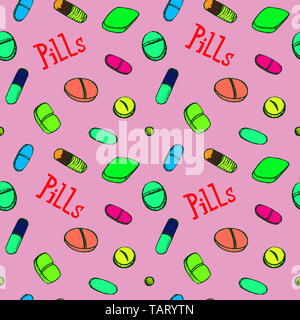 Pillole colorate intorno all iscrizione, disegnati a mano doodle sketch, illustrazione perfetta design pattern su sfondo rosa Foto Stock