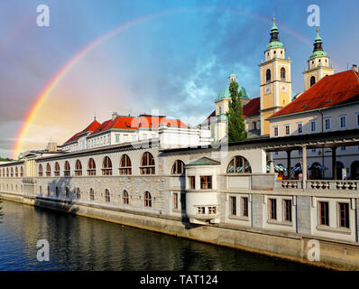 Fiume a Lubiana dal ponte del drago, Slovenia Foto Stock