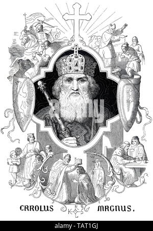 Carlo Magno, Carolus Magnus, Carlo Magno, storico illustrazione, Karl Der Große oder Carolus Magnus oder Magnus Karolus oder Carlo Magno (747 - 814) aus dem Geschlecht der Karolinger, König des Fränkischen Reiches und Römischer Kaiser, historische Zeichnung aus dem 19. Jahrhundert Foto Stock