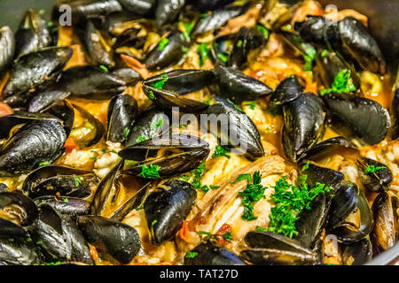 Piatto tipico della cucina italiana, zuppa di pesce "a sessanta ' senza spine: cozze, gamberi, Smooth-Hound, rana pescatrice in salsa di pomodoro con cipolle di Tropea, w Foto Stock