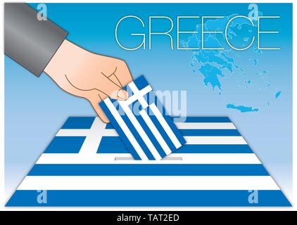 La Grecia, elezioni, votazioni box e bandiera greca con simboli, illustrazione vettoriale Illustrazione Vettoriale