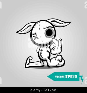 Carino il male di coniglio adesivo di Halloween. Arrabbiato cucito voodoo bunny. Fumetto disegno vettoriale. Filo funny monocromatico mostro zombie. Con il dito Illustrazione Vettoriale