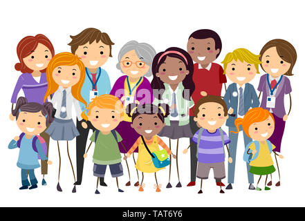 Illustrazione di Stickman bambini, genitori e insegnanti in piedi come un gruppo Foto Stock