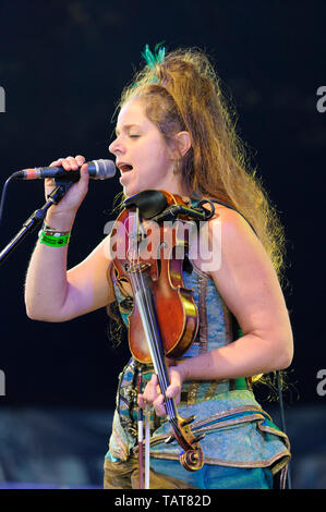 Athene Roberts di Cornish banda 3 Daft scimmie effettuando al Wickham Festival, UK. Agosto 15, 2014 Foto Stock