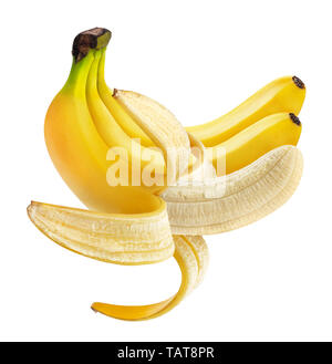 Banana pelata isolati su sfondo bianco, uno aprire banana bunch Foto Stock